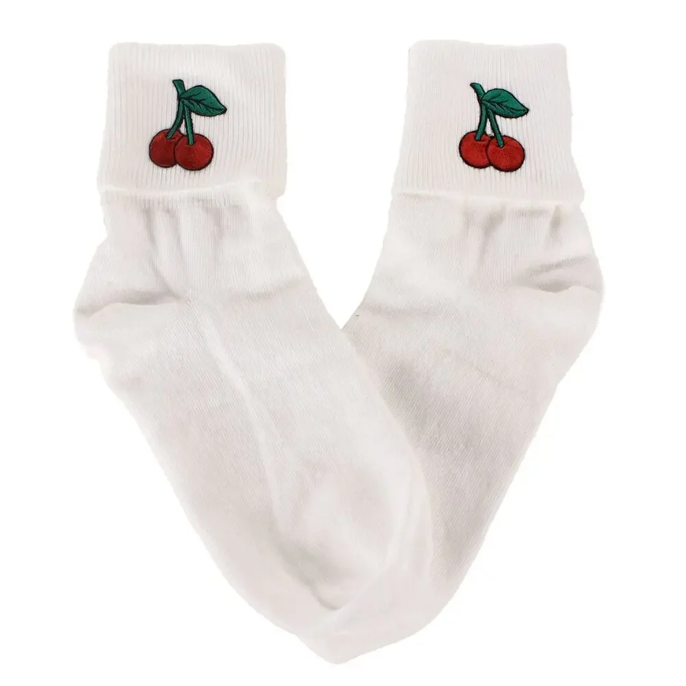 Cherry Bobby Socks Womens 9-11 Socks w Embroidered Appliques - Hey Viv